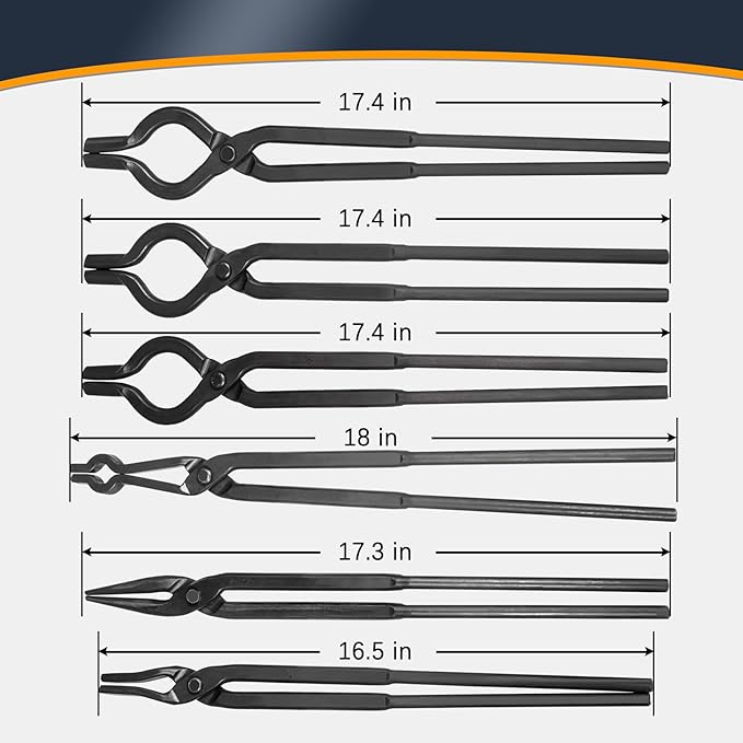 Forge Tongs, 6 Pieces with V-Groove and Flat-Jaw Styles