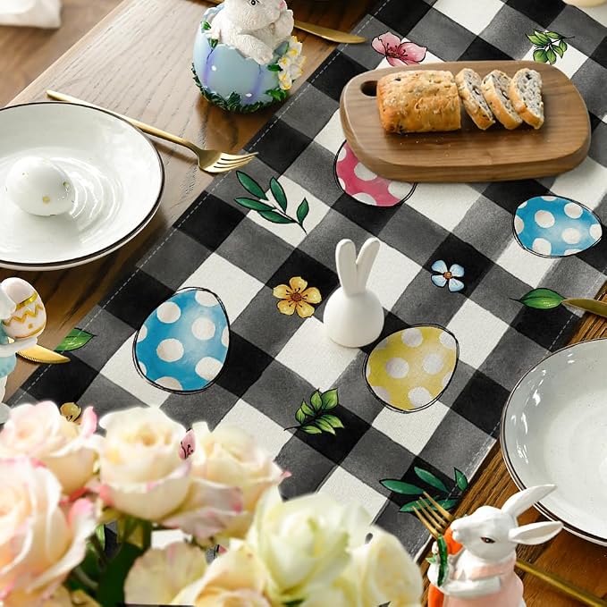 Artoid Mode Buffalo Plaid Bunny Egg Flowers Happy Easter Table Runner, Seasonal - Image 4