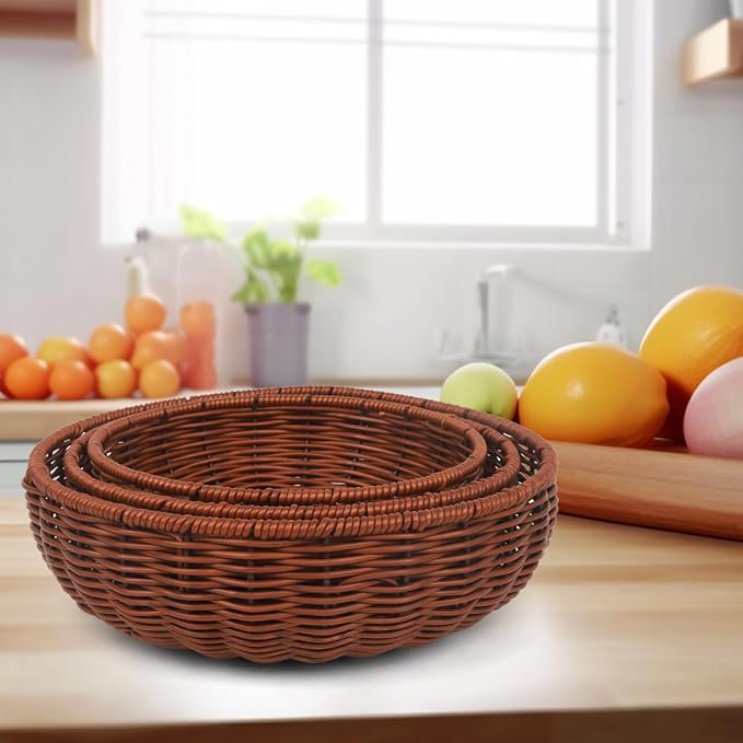 Imitation Wicker Bread Basket, 3 Pack Woven Rattan Basket Round Woven Baskets - Image 7