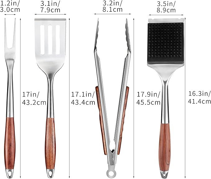 Barbecue Tool Set, 4-Piece Stainless Steel with Rosewood Handles