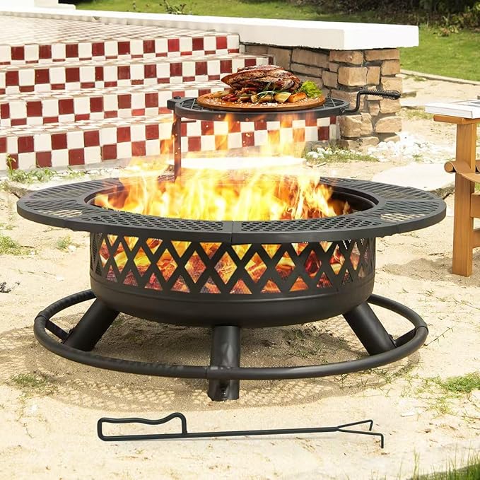 42 Inch Outdoor Fire Pit with Grill, Large Firepit Table by Panovue