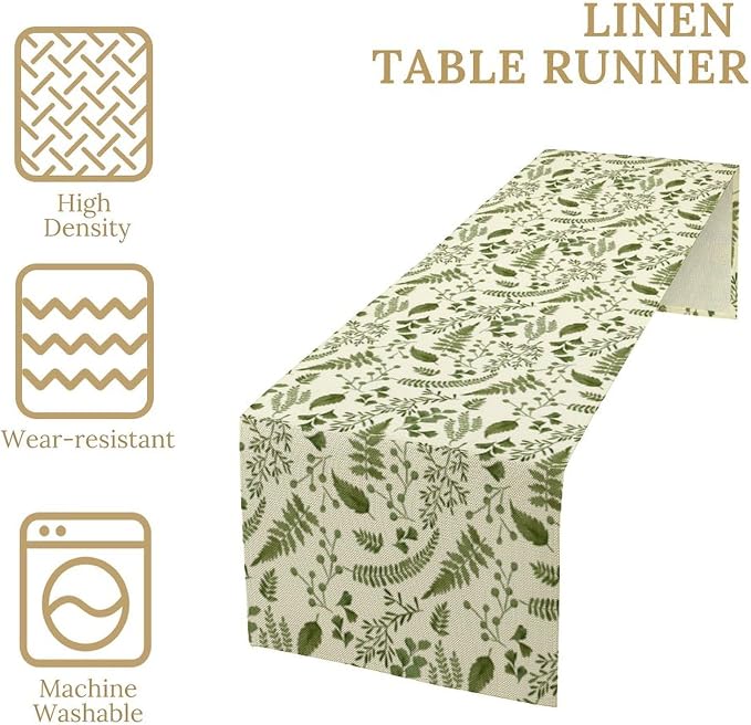 Green Leaves Table Runner, Spring Summer Herbs Botanical Natural Plants Print - Image 5