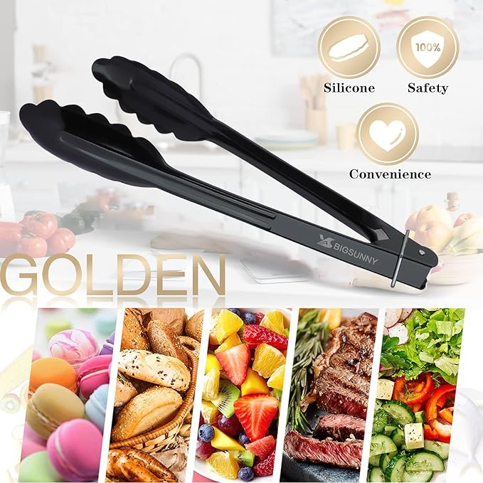 Aluminum Food Tongs, 9 Inch Black 3-Pack with Scalloped Tips