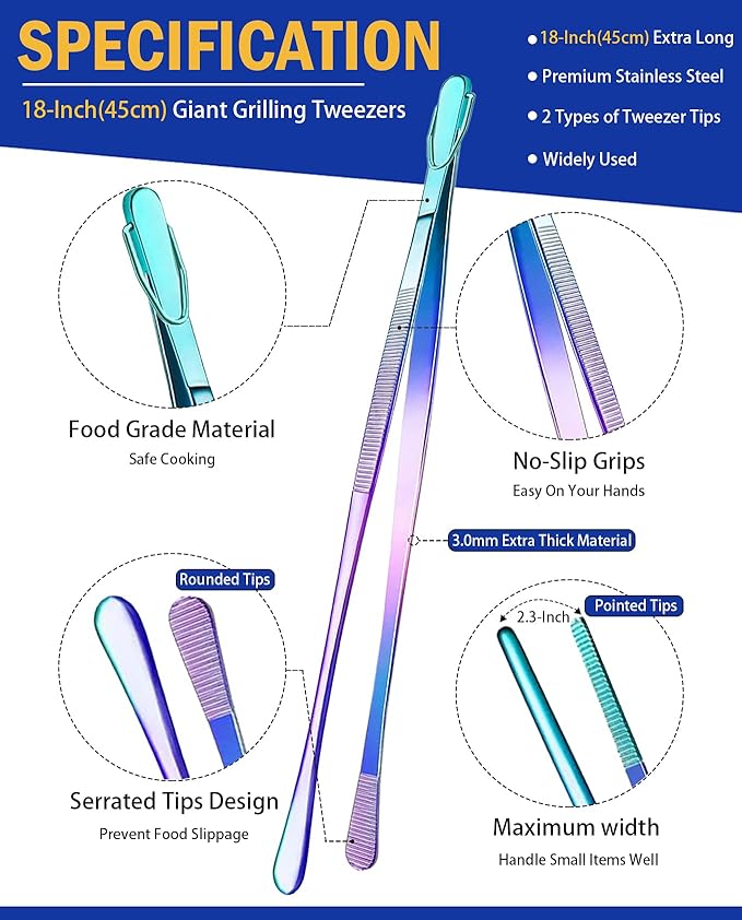 Tongs, 2-Pack 18 Inch Stainless Steel Grilling Tweezers, Rainbow