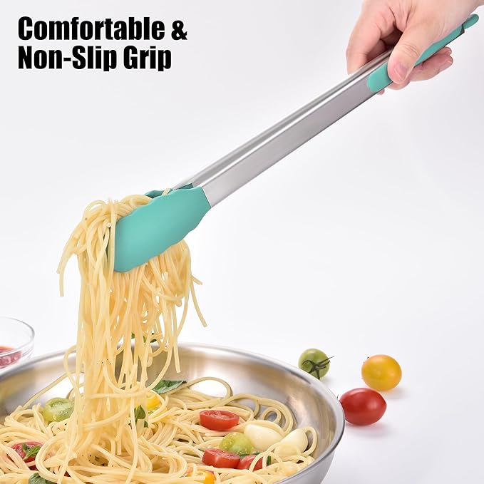 Stainless Steel Kitchen Tongs with Silicone Tips, 17.2 Inch, Aqua Sky