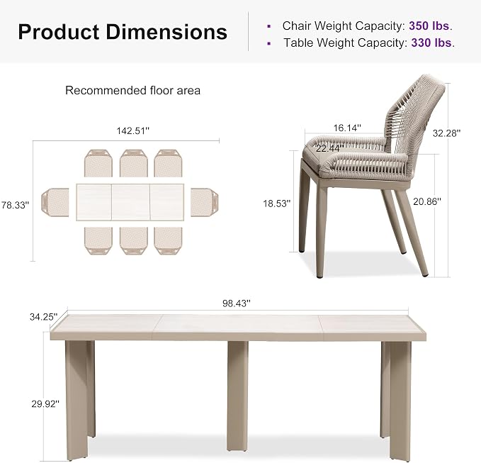 PURPLE LEAF 9 Pieces Patio Dining Set Aluminum Modern Rectangular Table and - Image 9