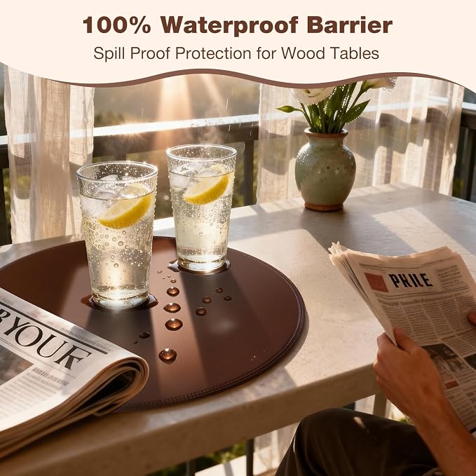 Round Vinyl Brown Placemats Set of 6, Faux Leather Waterproof Wipeable Heat - Image 5