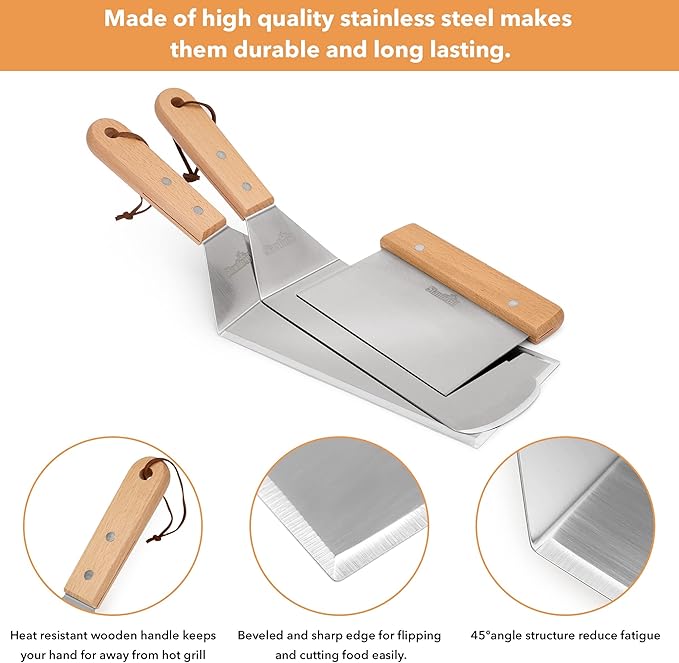 Barbecue Tool Set, 6 Piece Stainless Steel Griddle Kit with Wood Handle