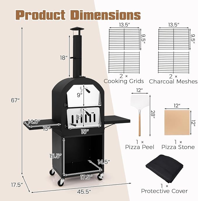 HAPPYGRILL Outdoor Wood Fired Pizza Oven w/Firewood Storage, Side Shelves - Image 7