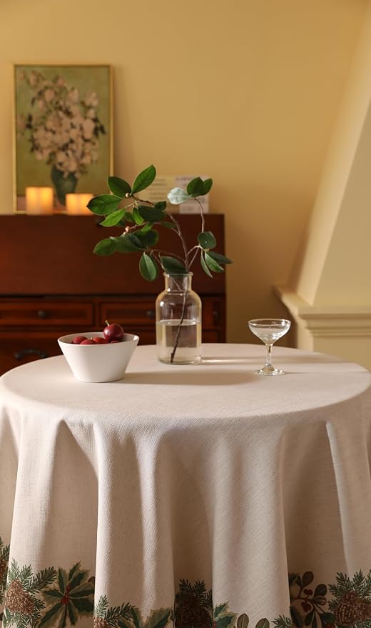 ISAENNE Designer Christmas Linen Round Tablecloth, Light Beige Western Elegant - Image 8