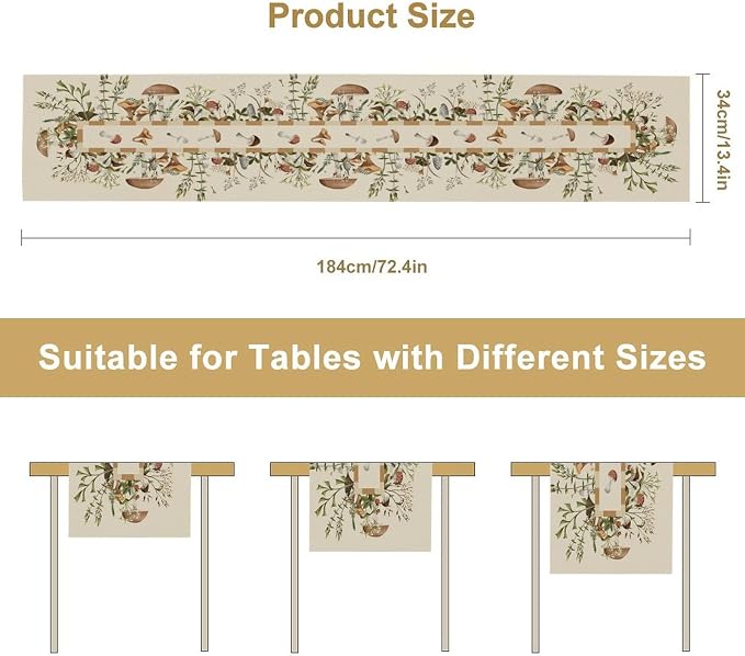 Wild Mushroom Table Runner, Retro Floral Plants Botanical Print Table Cover - Image 8