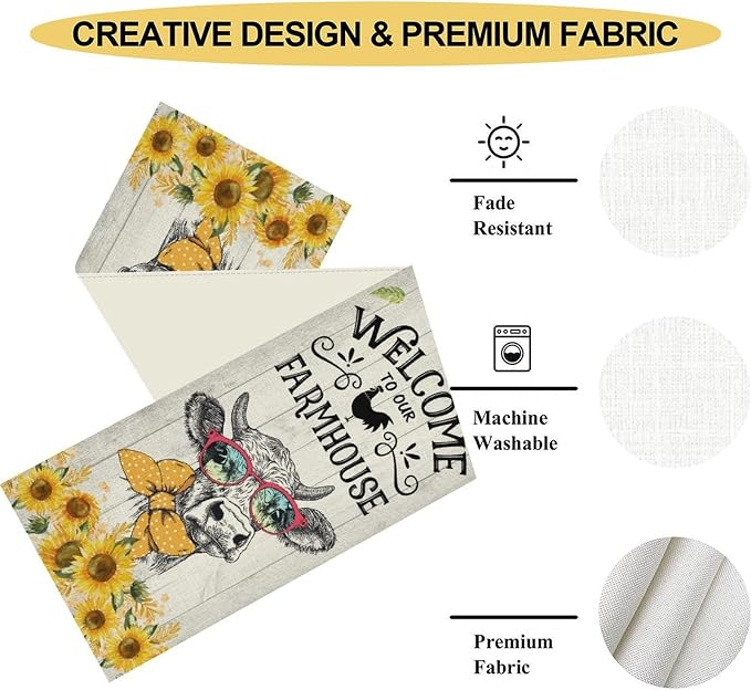 Farmhouse Cow Table Runner, Rustic Yellow Sunflower Floral Buffalo Animals - Image 5