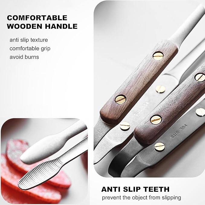 Tongs, 9.5-Inch Stainless Steel Cooking Tongs with Wooden Handle