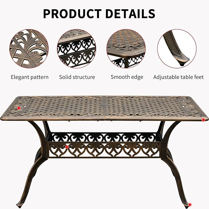60" Large Outdoor cast Aluminum Patio Dining Table, Rectangular Outdoor Bistro - Image 5