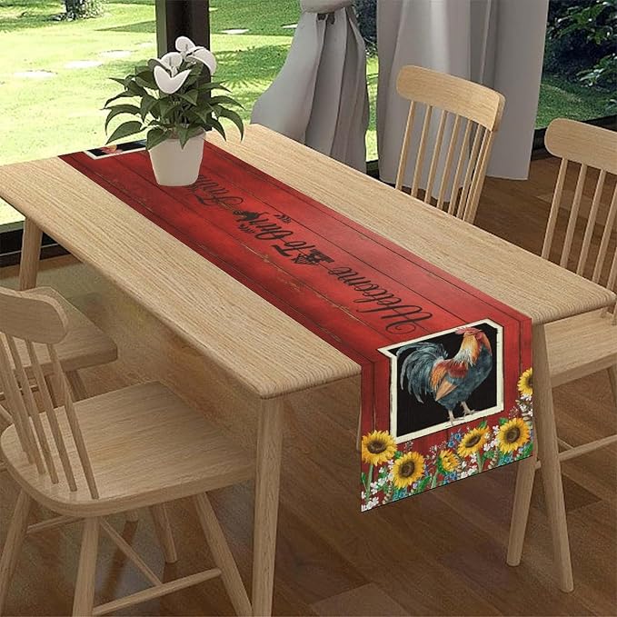 Rooster Table Runner, Farmhouse Vintage Chicken Wooden Sunflower Floral Cow Pig - Image 2