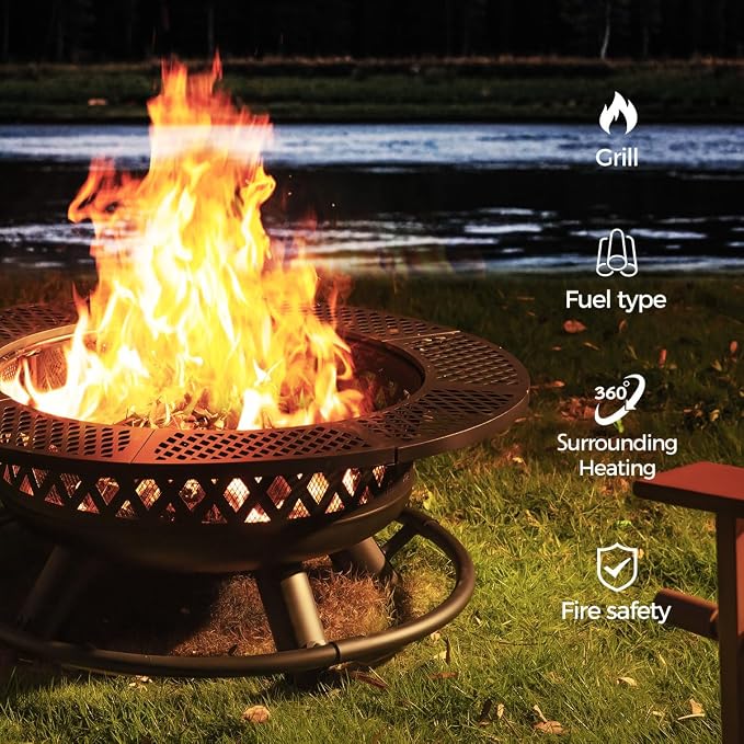 42 Inch Outdoor Fire Pit with Grill, Large Firepit Table - Image 5