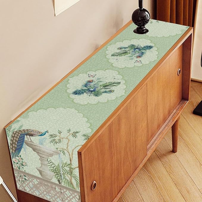 Blue Peacock Table Runner, Vintage Rustic Fountain Tropical Plant Peacock - Image 2