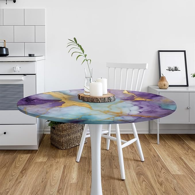 Marble Purple Gold Blue Round Table Cloth Cover, Elastic Edge Waterproof - Image 6