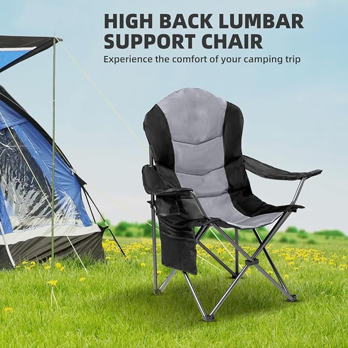 Folding Camping Chairs 2-Pack, Black and Gray, 400 lb Capacity
