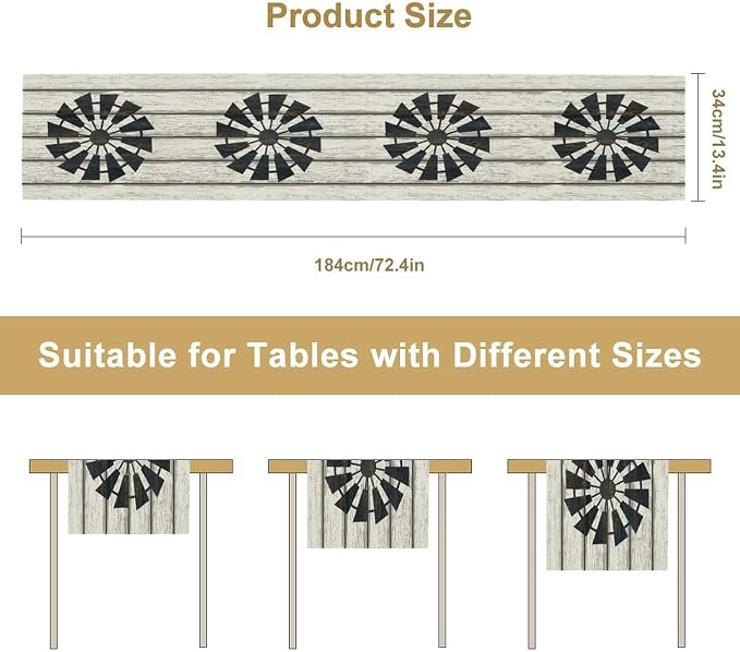 Retro Windmill Table Runner, Rustic Farmhouse Wood Grain Country Style Print - Image 8