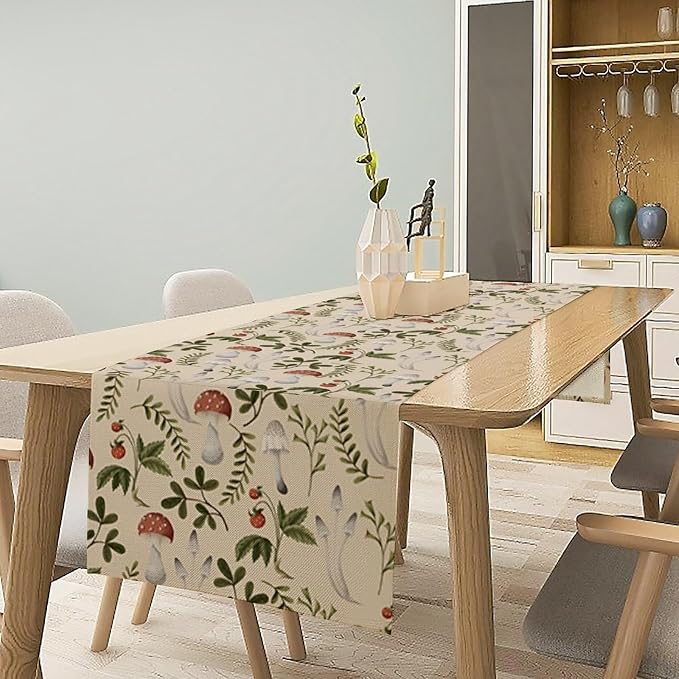 Mushroom Table Runner, Vintage Rustic Boho Botanical Plant Print Tablerunner - Image 3