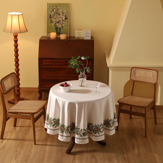 ISAENNE Designer Christmas Linen Round Tablecloth, Light Beige Western Elegant - Image 5