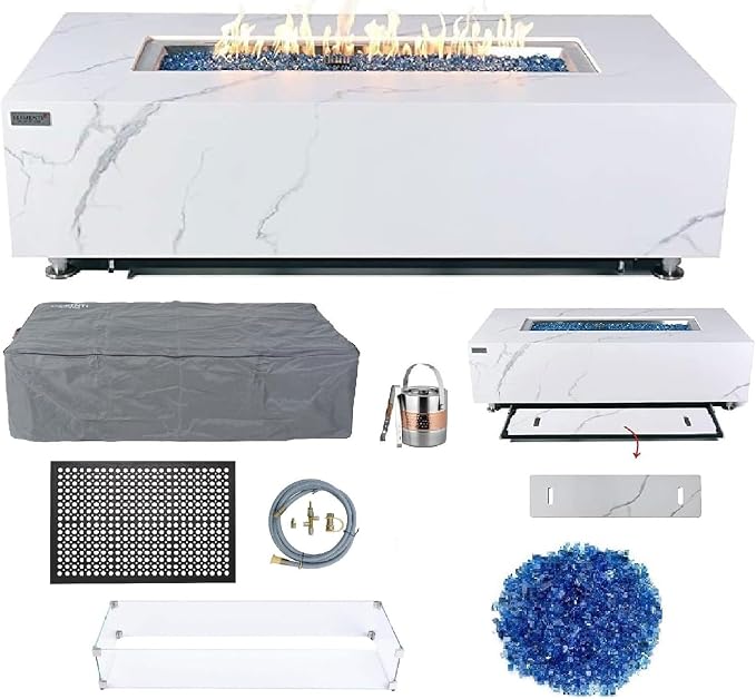 Elementi+ | Bundle Carrara Gas Fire Pit | Marble Porcelain & Metal Frame | 60" by AMSFireplaceInc