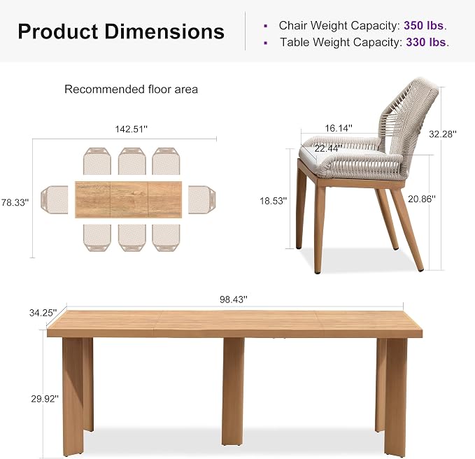 PURPLE LEAF 9 Pieces Patio Dining Set Aluminum Modern Rectangular Table and - Image 9