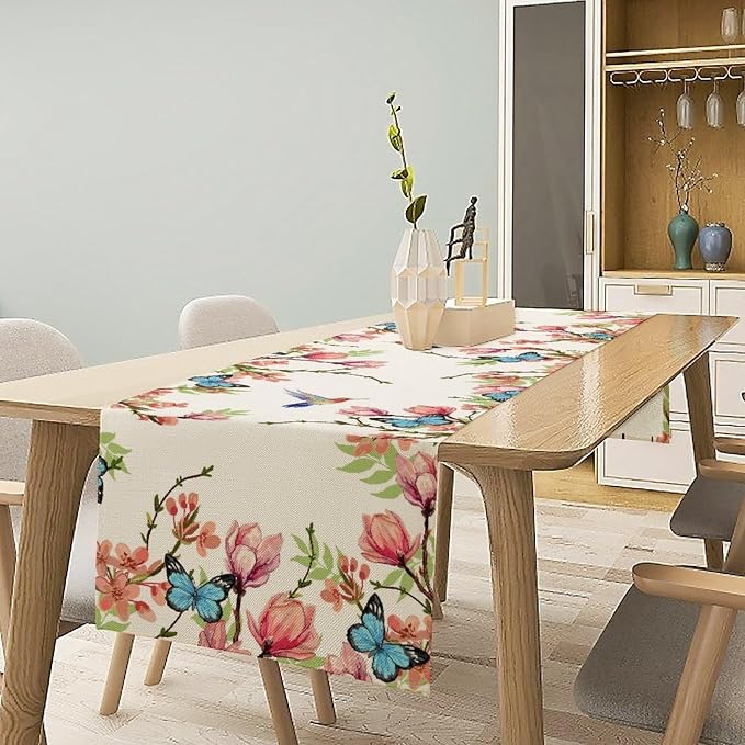 Spring Flower Table Runner, Seasonal Rustic Garden Flowers Bird Butterfly Print - Image 2