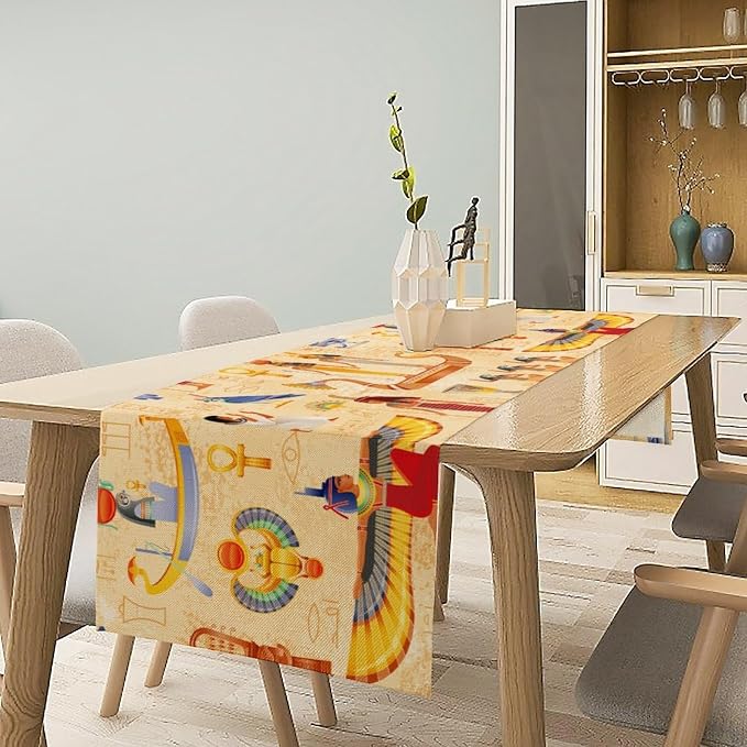 Egypt Table Runner, Ancient Egyptian Mythology Gods Hieroglyphic Elements Retro - Image 3