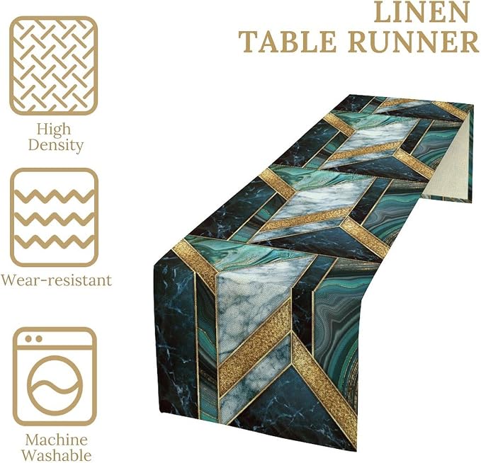 Marble Table Runner, Dark Green Gold Modern Mosaic Design Table Runner - Image 6