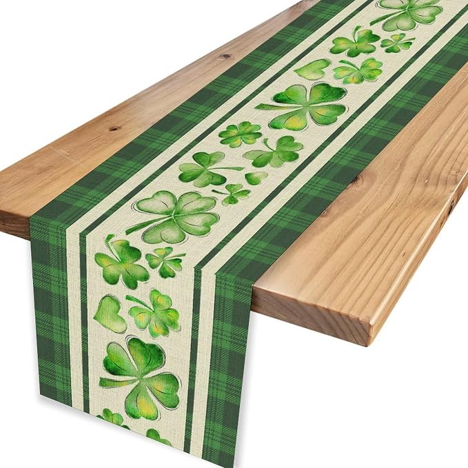 St.Patrick's Day Table Runner, Vinatge Rustic Green Buffalo Plaid White - Image 6