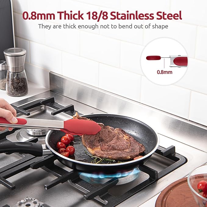 Tongs with Silicone Tips, Locking Stainless Steel, Red