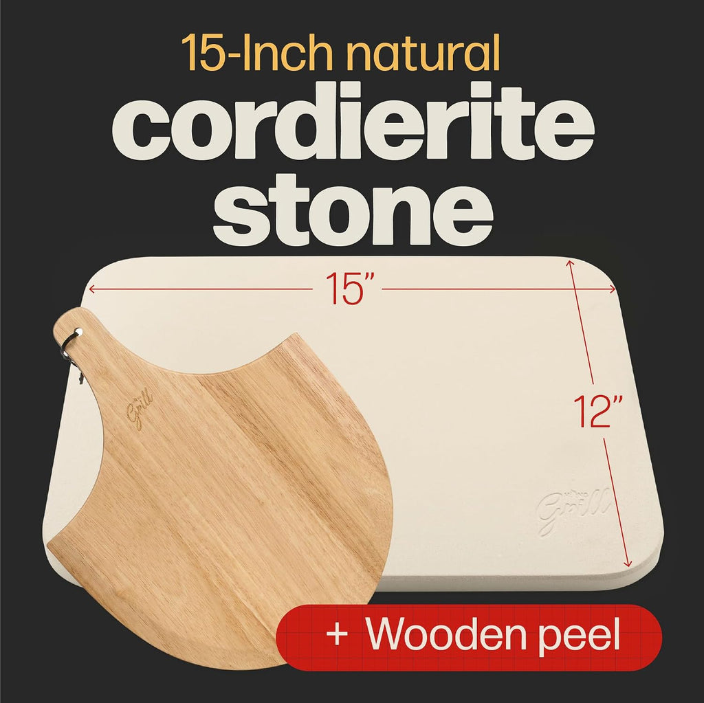 Pizza Grilling Stone with Wooden Peel, Cordierite, Beige, 14.96 x 11.8 Inch