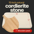 Pizza Grilling Stone with Wooden Peel, Cordierite, Beige, 14.96 x 11.8 Inch