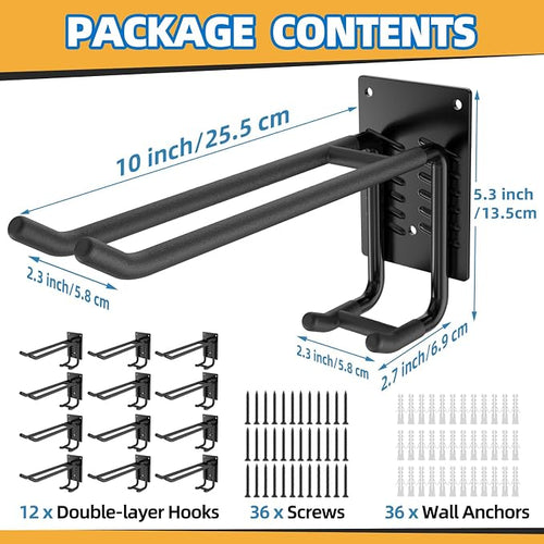 12 Pack Garage Hooks Heavy Duty 10 INCH Double-Layer Steel Shed Wall Mount - Image 2