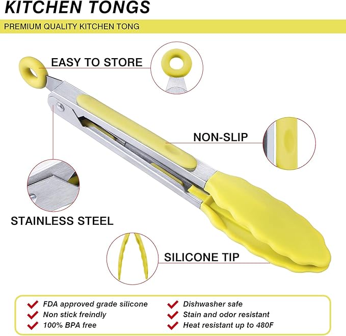 Serving Tongs 3-Pack, 7-Inch Yellow Silicone-Tip Set with Locking Ring