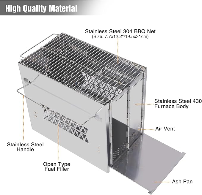 REDCAMP Wood Burning Folding Camp Stove Stainless Steel Grill, Rectangle Style - Image 4