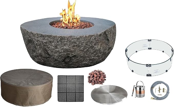Elementi | Bundle Boulder Gas Fire Pit Cast Concrete Semi-Round Fire Table by AMSFireplaceInc