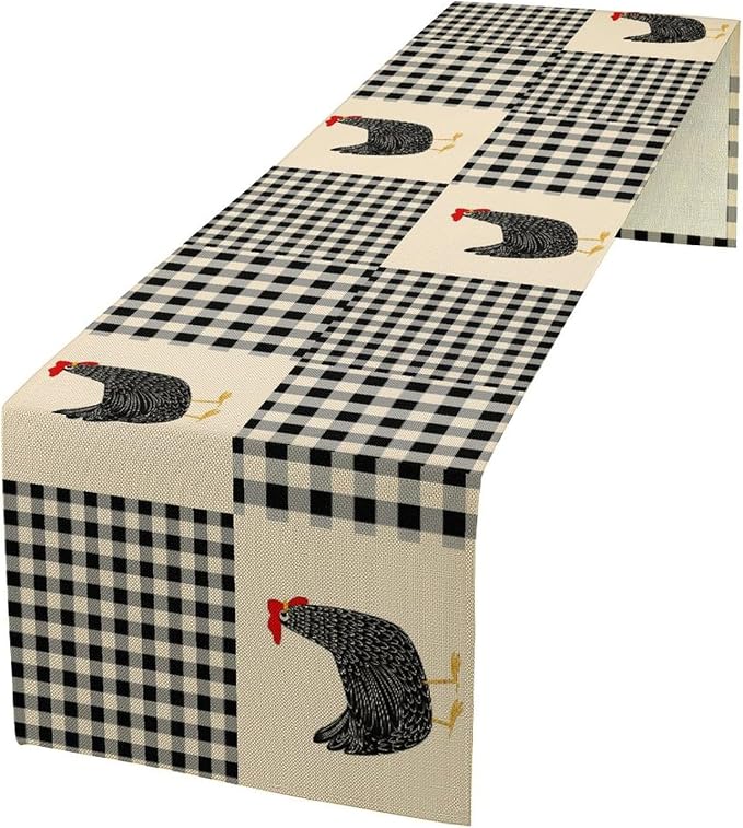 Farm Animal Table Runner, Chicken Hen Black White Buffalo Plaid Check Farmhouse by Unknown