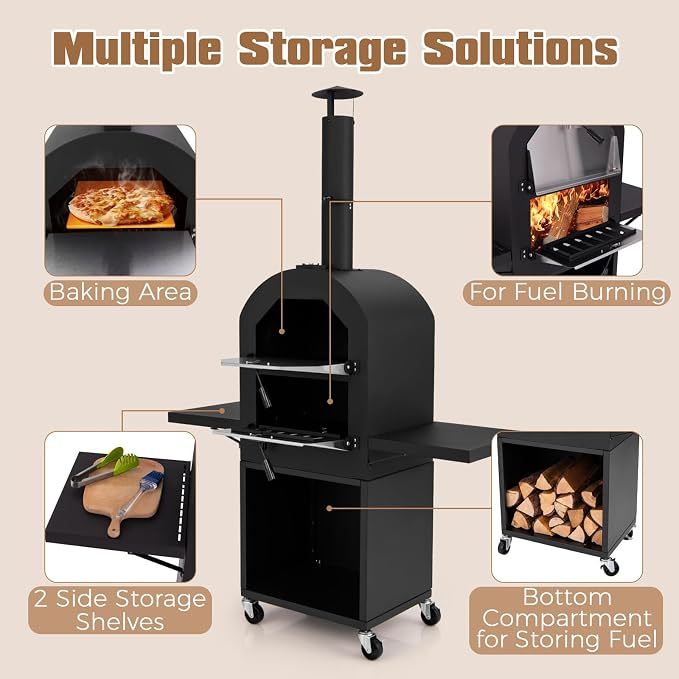 HAPPYGRILL Outdoor Wood Fired Pizza Oven w/Firewood Storage, Side Shelves - Image 8