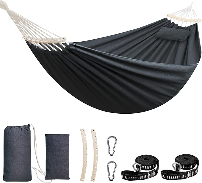 Hammock in Dark Grey Cotton with Spreader Bars, 106 x 59 Inch