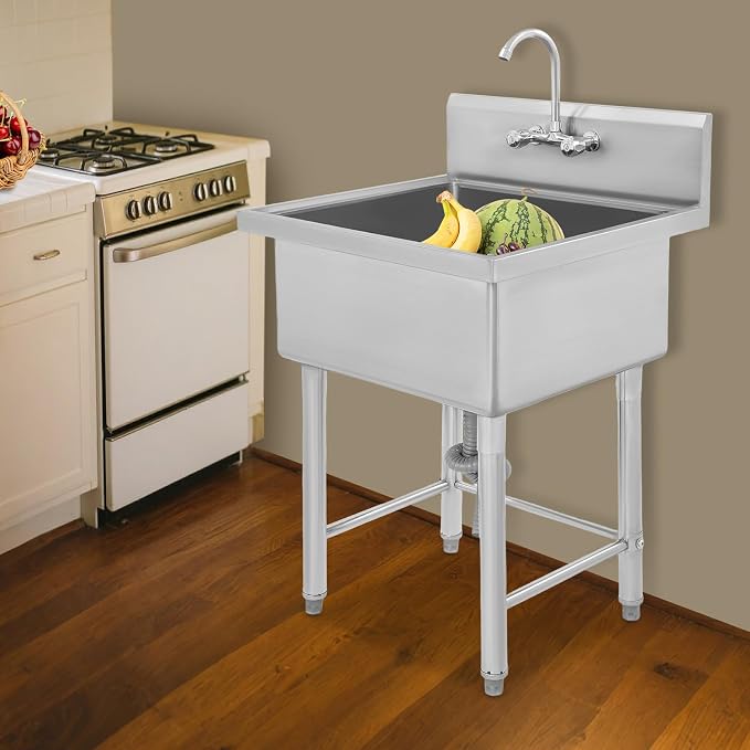Commercial Sink with Cold & Hot Faucet, Freestanding Single Bowl Kitchen - Image 6