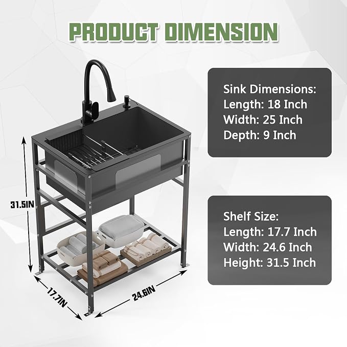 Black utility sink, 25x18 Inch Stainless Steel Freestanding Laundry Sink - Image 5
