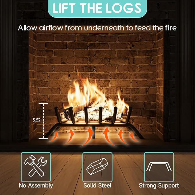 17-Inch Fireplace Grate, Heavy Duty 6-Bar Log Rack Holder Made of Solid Round - Image 4