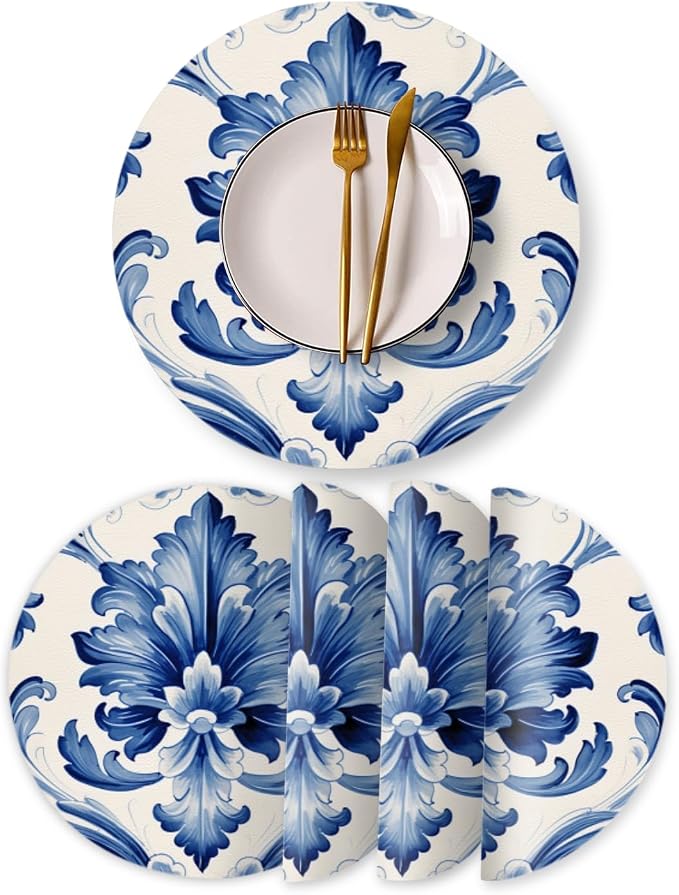 Faux Leather Placemats Set of 4, Watercolor Blue and White Porcelain Patterns by BaHomeck