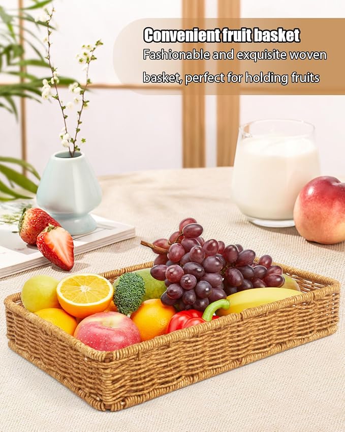 Woven Bread Basket, 3 Pack Wicker Fruit Baskets Rattan Bread Basket Poly Wicker - Image 4