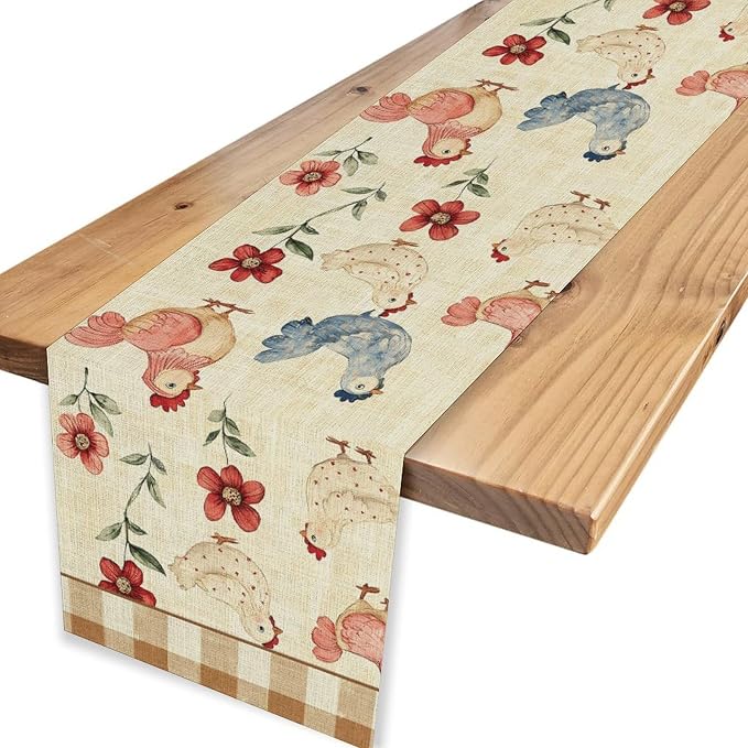 Farmhouse Rooster Table Runner, Rustic Farm Chicken Brown Plaid Flower Plant - Image 4