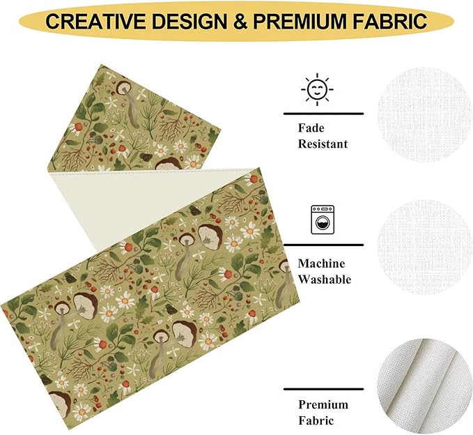 Mushroom Table Runner, Rustic Farmhouse Forest Plants Botanical Country Green - Image 4