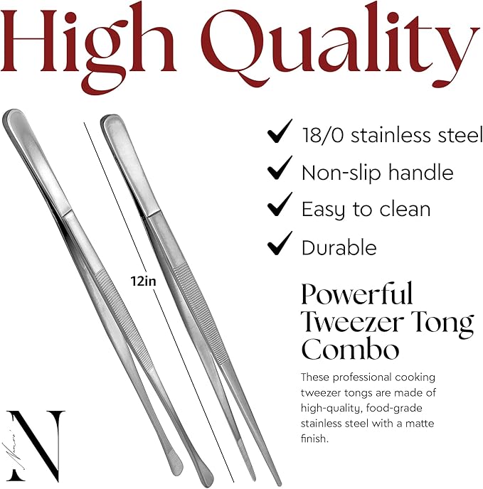 Tweezer Tongs, 12-Inch Stainless Steel with Fine and Wide Tips